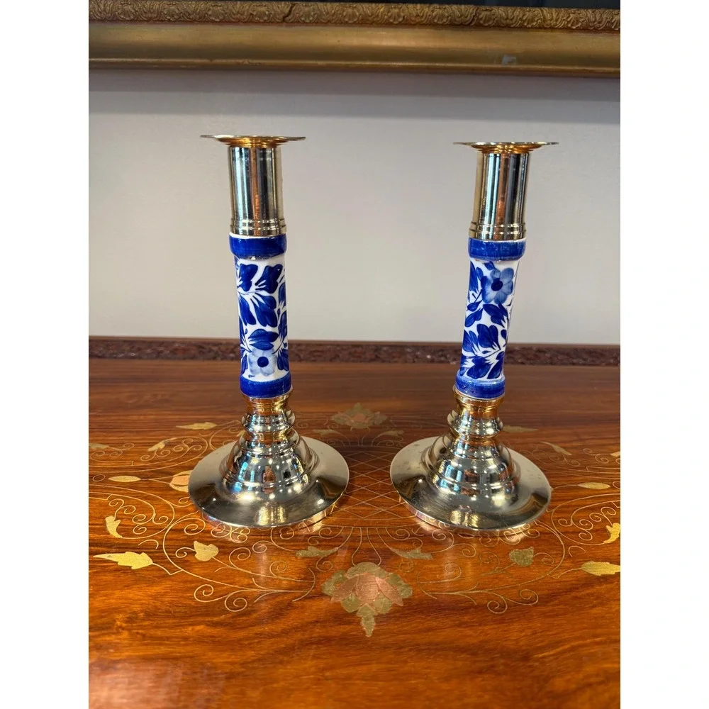 Vintage Blue White Chinoiserie Candlesticks • Brass Candle Holder Pair